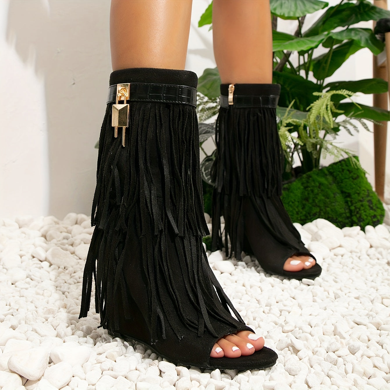 Women's Tassel Decor Wedge Heeled Boots, Fashion Peep Toe Side Zipper Boots, Stylish Western Booties